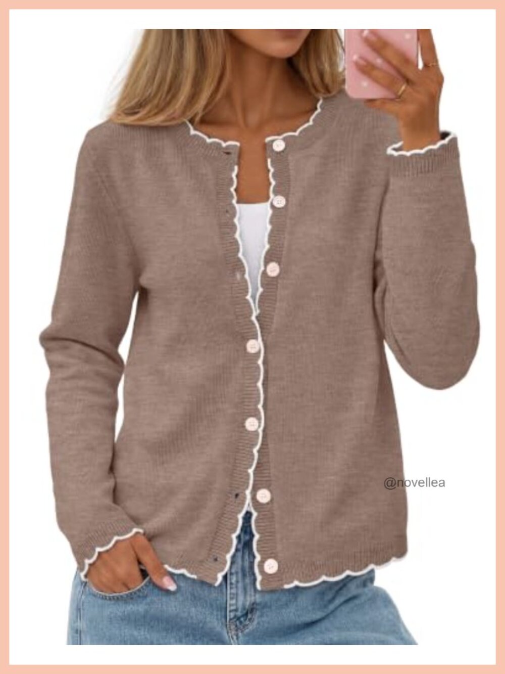 MEROKEETY Women's Open Front Button Up Knit Cardigan Sweater with Scalloped Trim